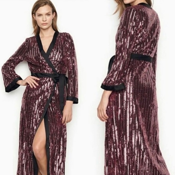 VICTORIA Secret Long Sequins Pink & Black Kimono Robe - Picture 1 of 7